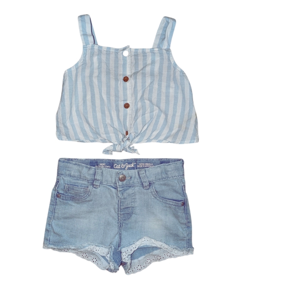 Light Blue Jeans Shorts with Eyelet Trim and knot tie sleeveless linen top